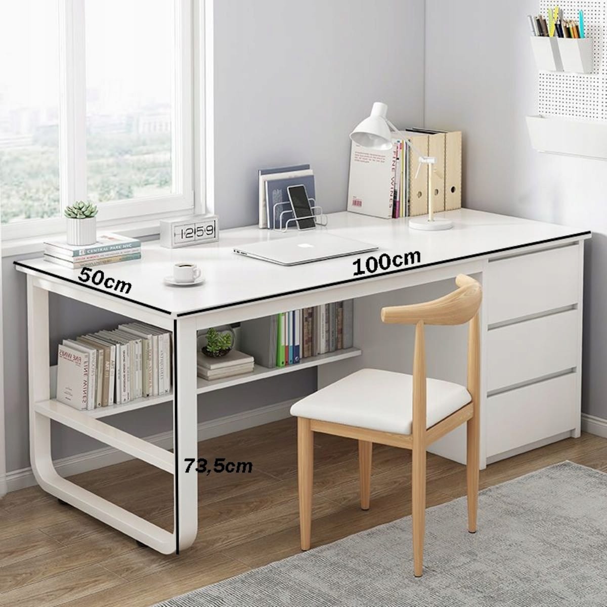 Białe biurko komputerowe 100 cm z dużymi półkami loft skandynawskie
