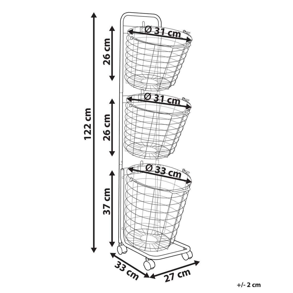 Stojak z 3 koszami na kółkach metalowy szary AYAPAL