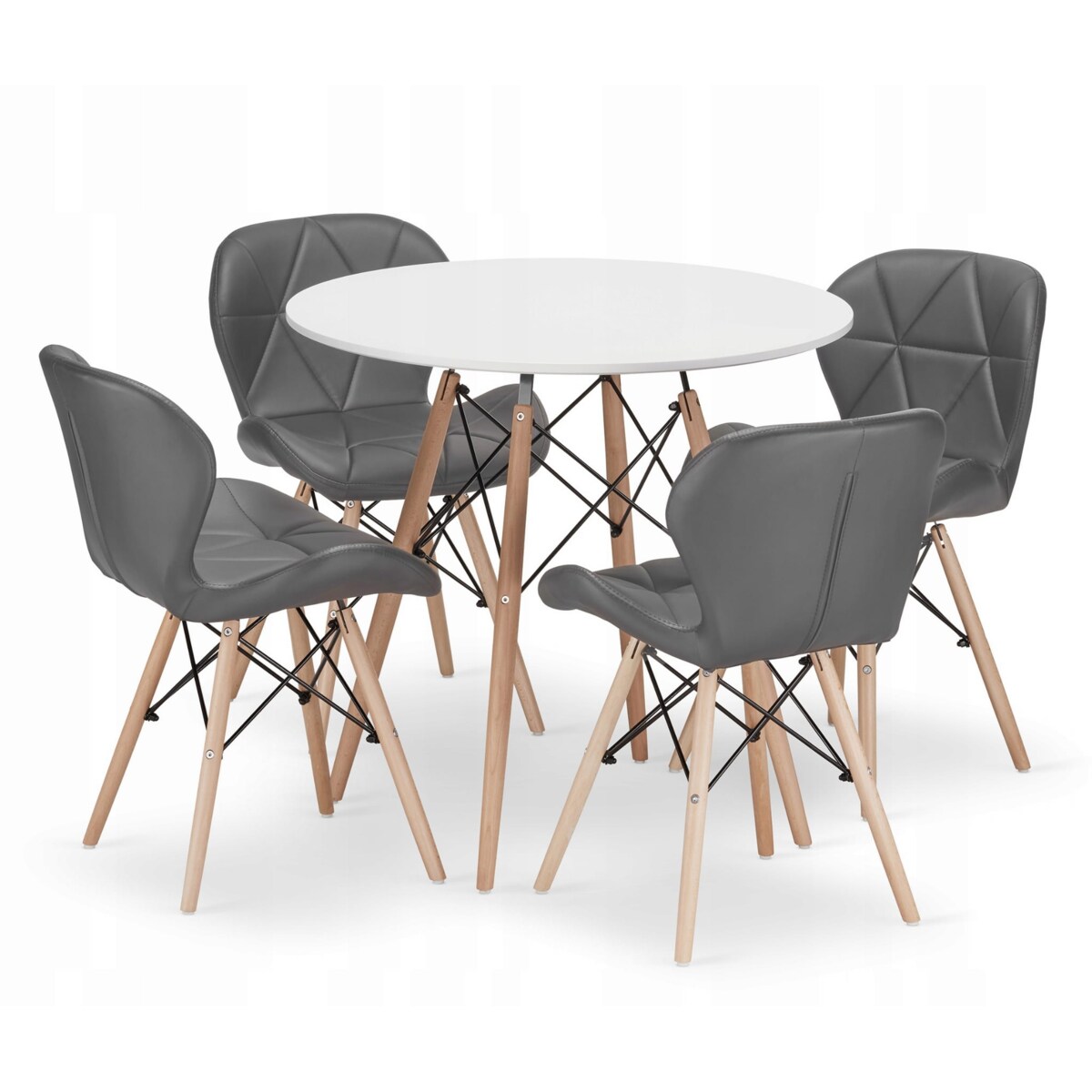 Zestaw Stół+ 4 Krzesła Szare Do Jadalni Kuchni Salonu Biura Okrągły Biały