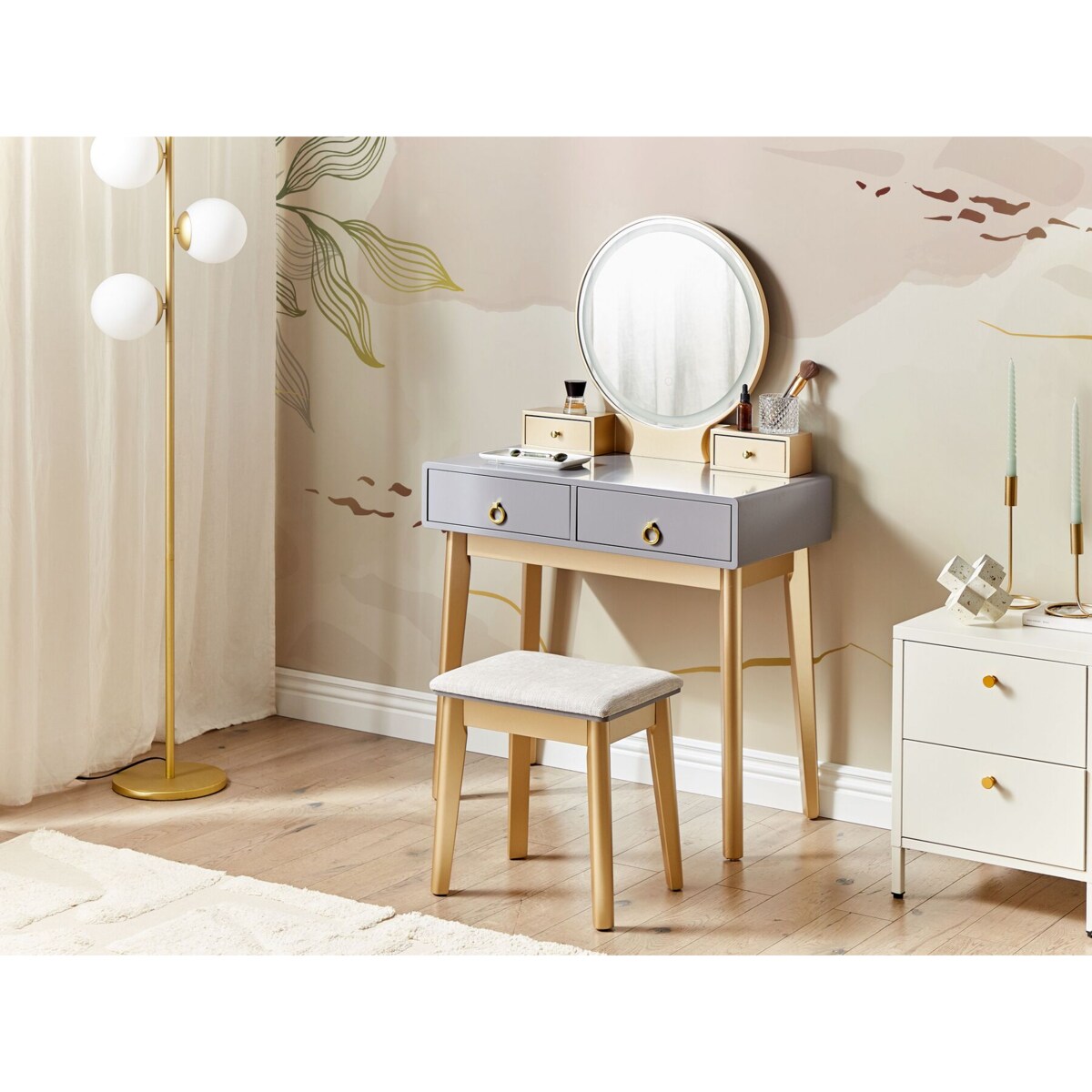 Toaletka 4 szuflady lustro LED ze stołkiem szaro-złota FEDRY