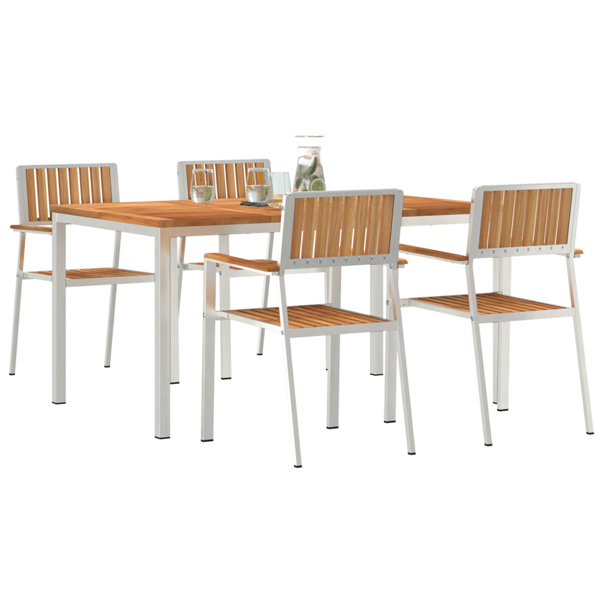 Zestaw do jadalni vidaXL 5 częściowy z litego drewna tekowego, Stół do jadalni na zewnątrz vidaXL 150x90x75 cm z litego drewna tekowego, Zestaw krzeseł ogrodowych vidaXL 4 sztuki z litego drewna tekowego i metalu