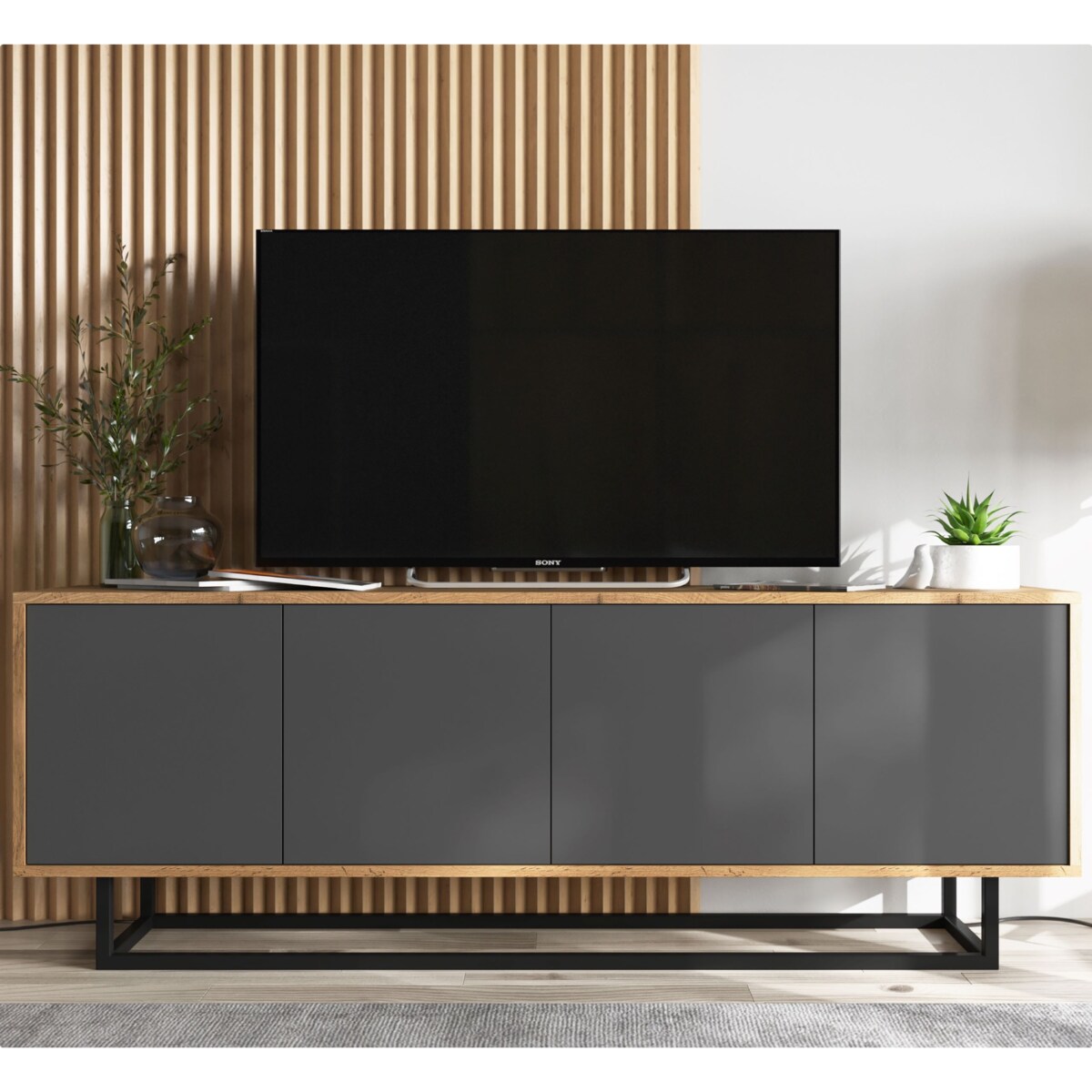 Industrialna Szafka RTV Loft Komoda RTV Dąb Wotan Grafit MAT 150 cm