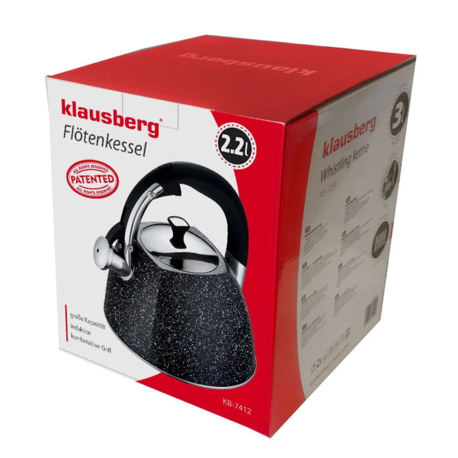 Czajnik stalowy z gwizdkiem 2.2L indukcja gaz czarny marmur KLAUSBERG