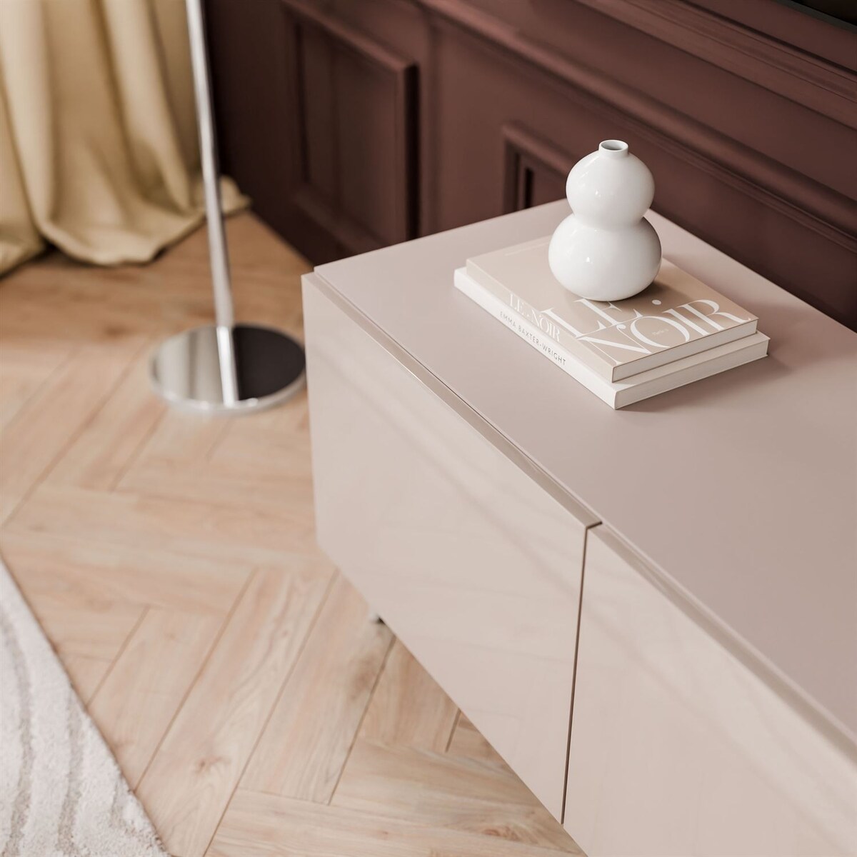 Szafka RTV COLGANTE 100 kaszmir wysoki połysk, oświetlenie LED, nóżki skośne srebrne