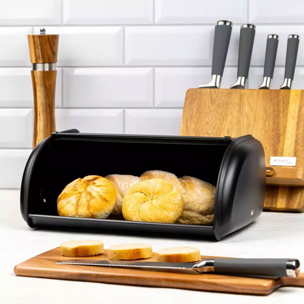 Chlebak stalowy mały 36cm czarny matowy pojemnik na chleb pieczywo bułki KINGHOFF