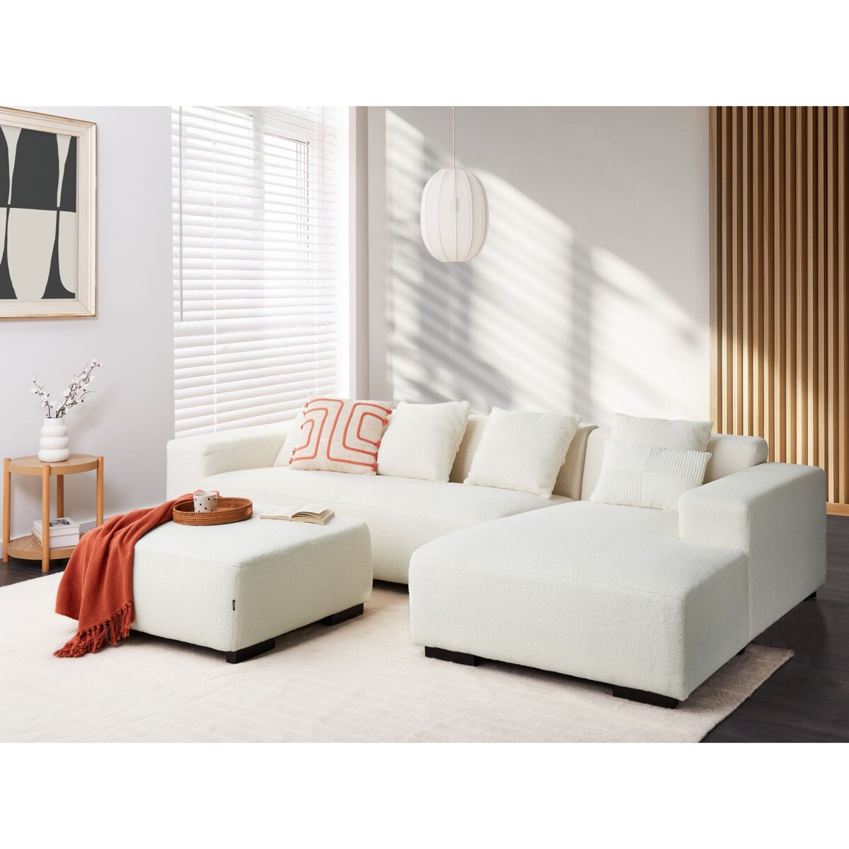 Sofa narożna z otomaną LUNGO Boucle Biały dla 4 osób Lewostronny