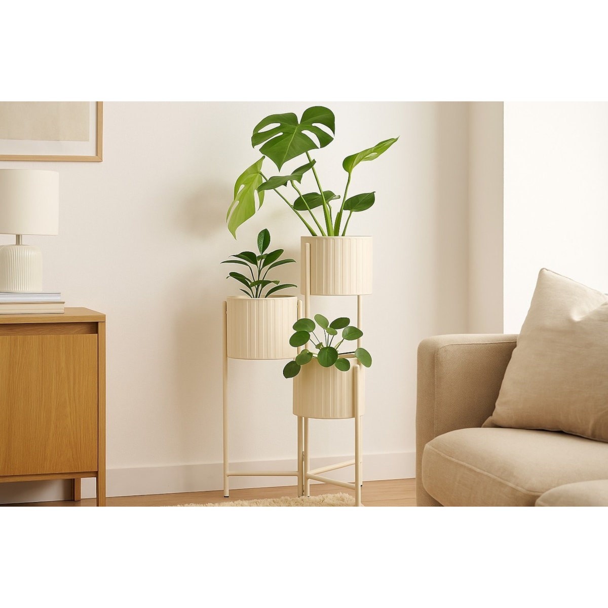 Kwietnik metalowy loftowy z 3 osłonkami 68x29x39 cm NARDO kremowy