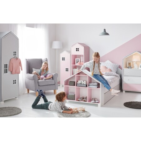 KONSIMO MIRUM Różowy regał z szufladą w kształcie domku dla dziewczynki