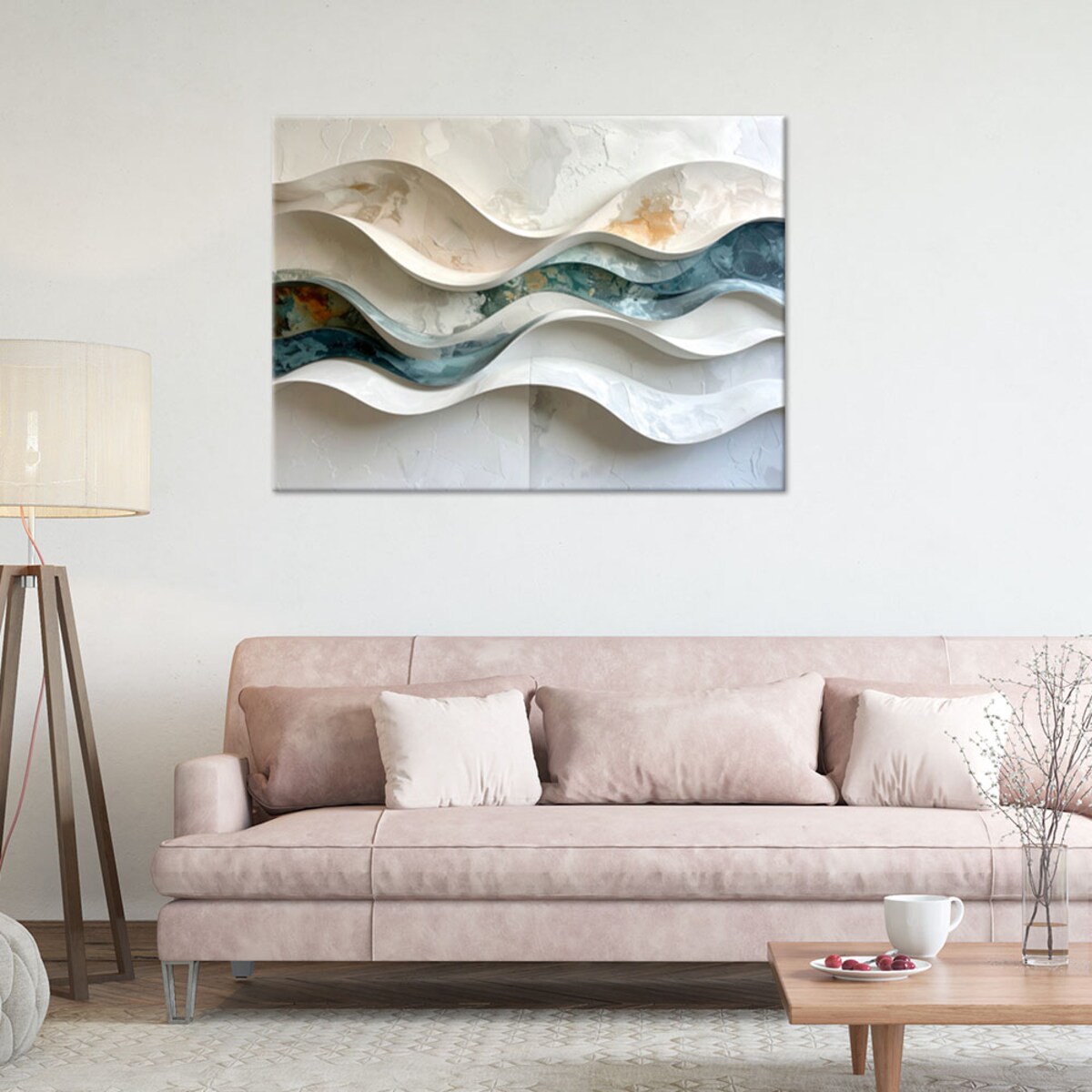 Obraz do salonu sypialni biura, Abstrakcyjne fale z imitacją farby w beżu 100x70 cm