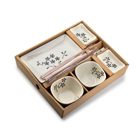 SUSHI Zestaw dla 2 osób beżowy czarne kwiaty 10 elementów