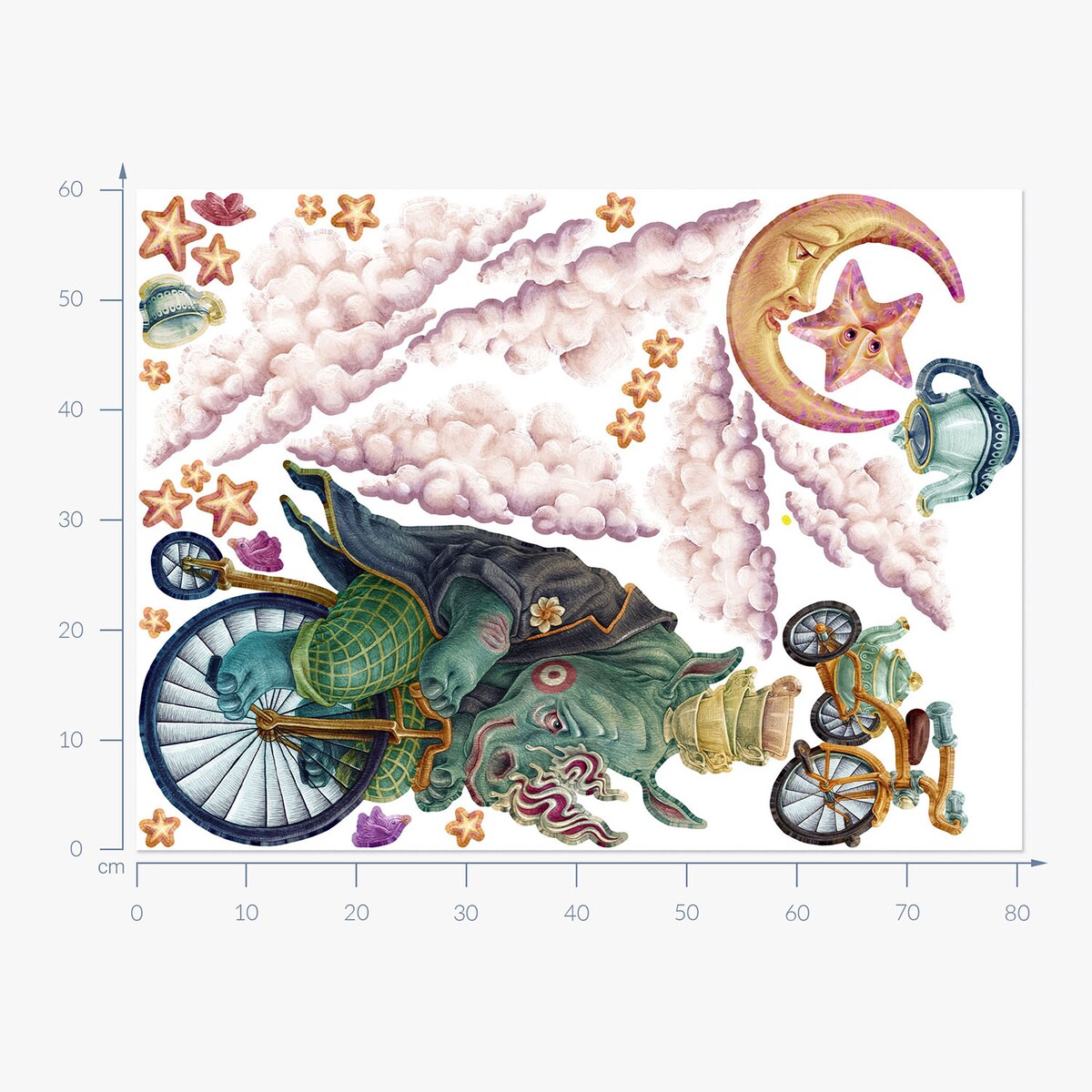 Zestaw naklejek na ścianę, Zwierzęta z bajki - nosorożec, 60cm