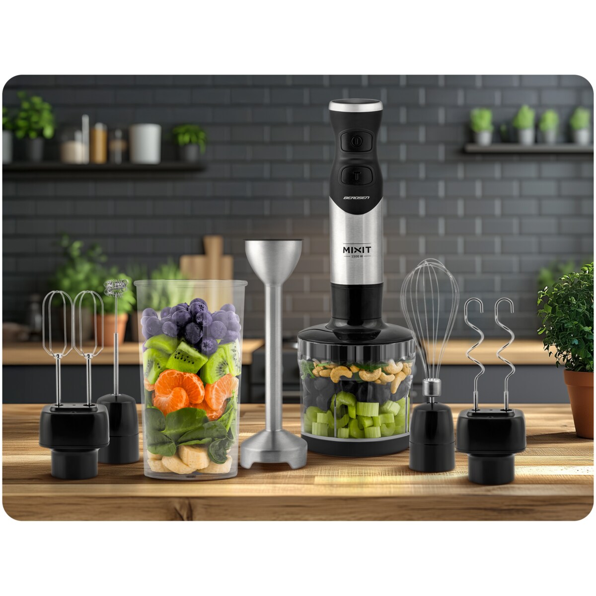 Blender ręczny 1500W czarny Berdsen tytanowe ostrza wielofunkcyjny 5w1