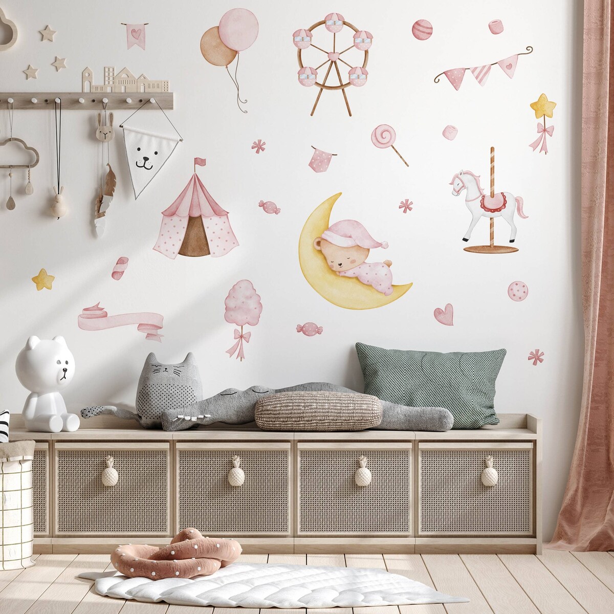 Naklejki Ścienne Dla Dzieci Misiu Na Księżycu Słodycze Balony Cyrk ZESTAW 120x60cm