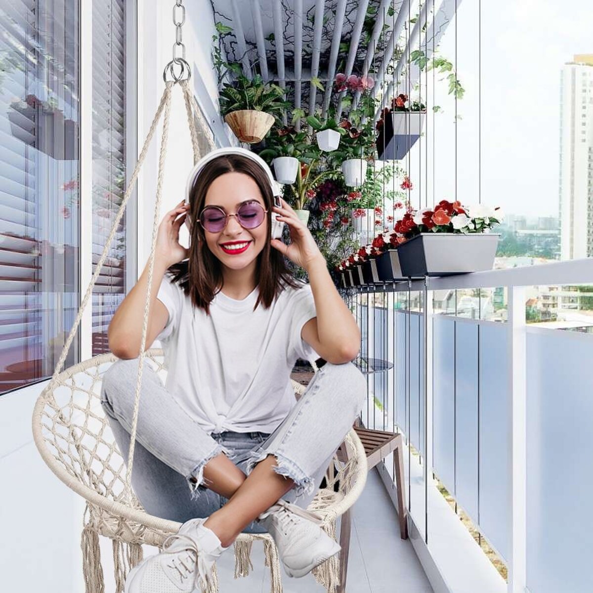 Fotel wiszący boho huśtawka bocianie gniazdo ecru GL078