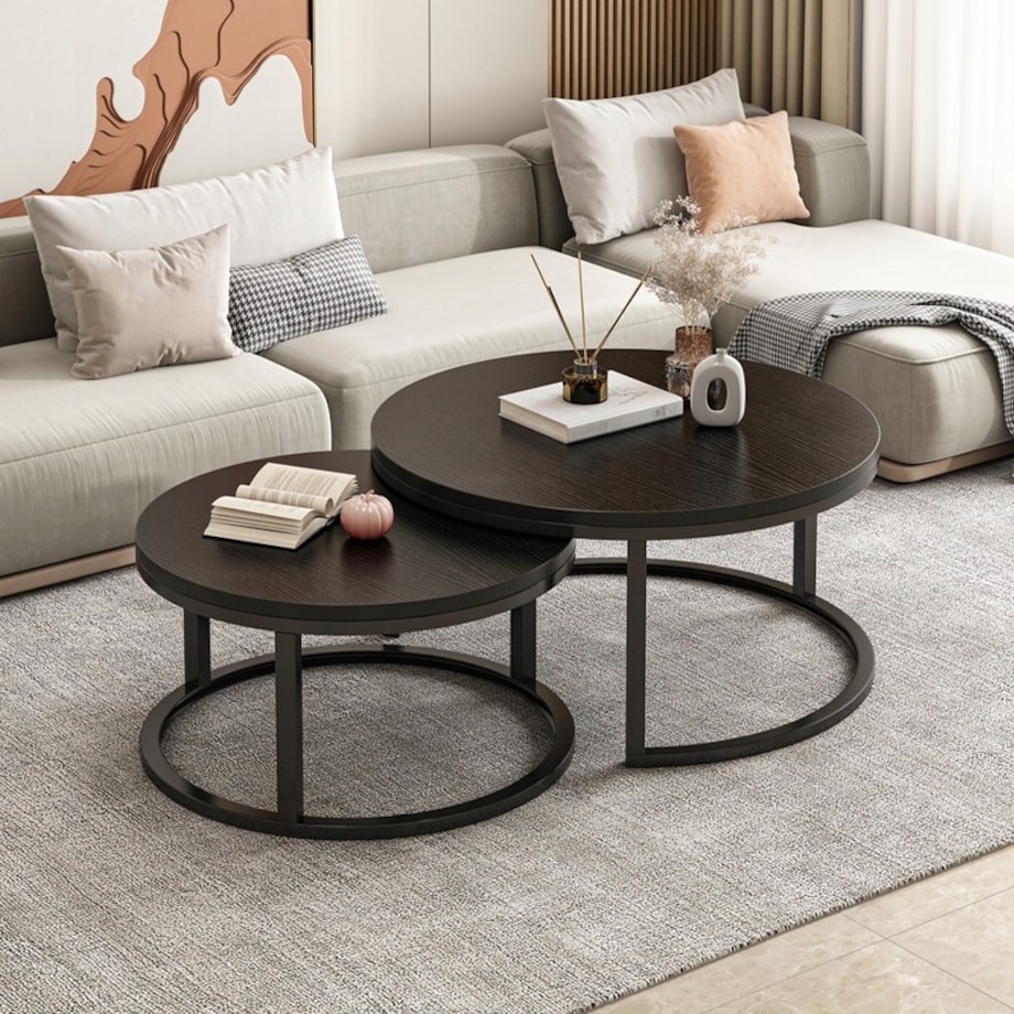 Stolik kawowy okrągły zestaw 2 stolików czarnych nowoczesne loft salonu