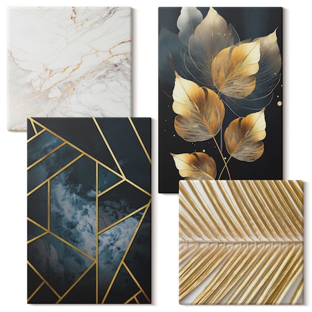 Zestaw 4 obrazów na płótnie - Nowoczesne wzory roślinne - granatowy