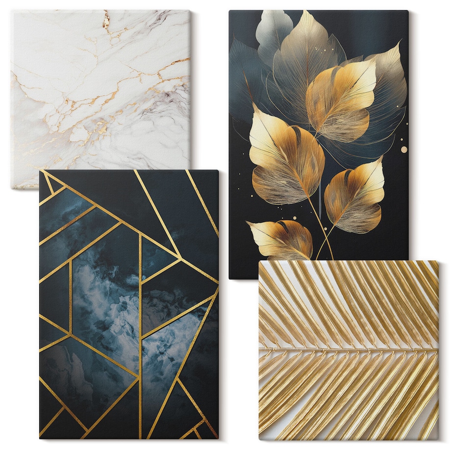 Zestaw 4 obrazów na płótnie - Nowoczesne wzory roślinne - granatowy