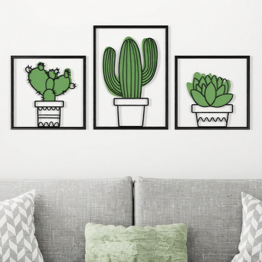 Zestaw 3 dekoracji ściennych Cactus, kolor wielokolorowy, żelazo, motyw: kaktus, do salonu i przedpokoju, Mauro Ferretti