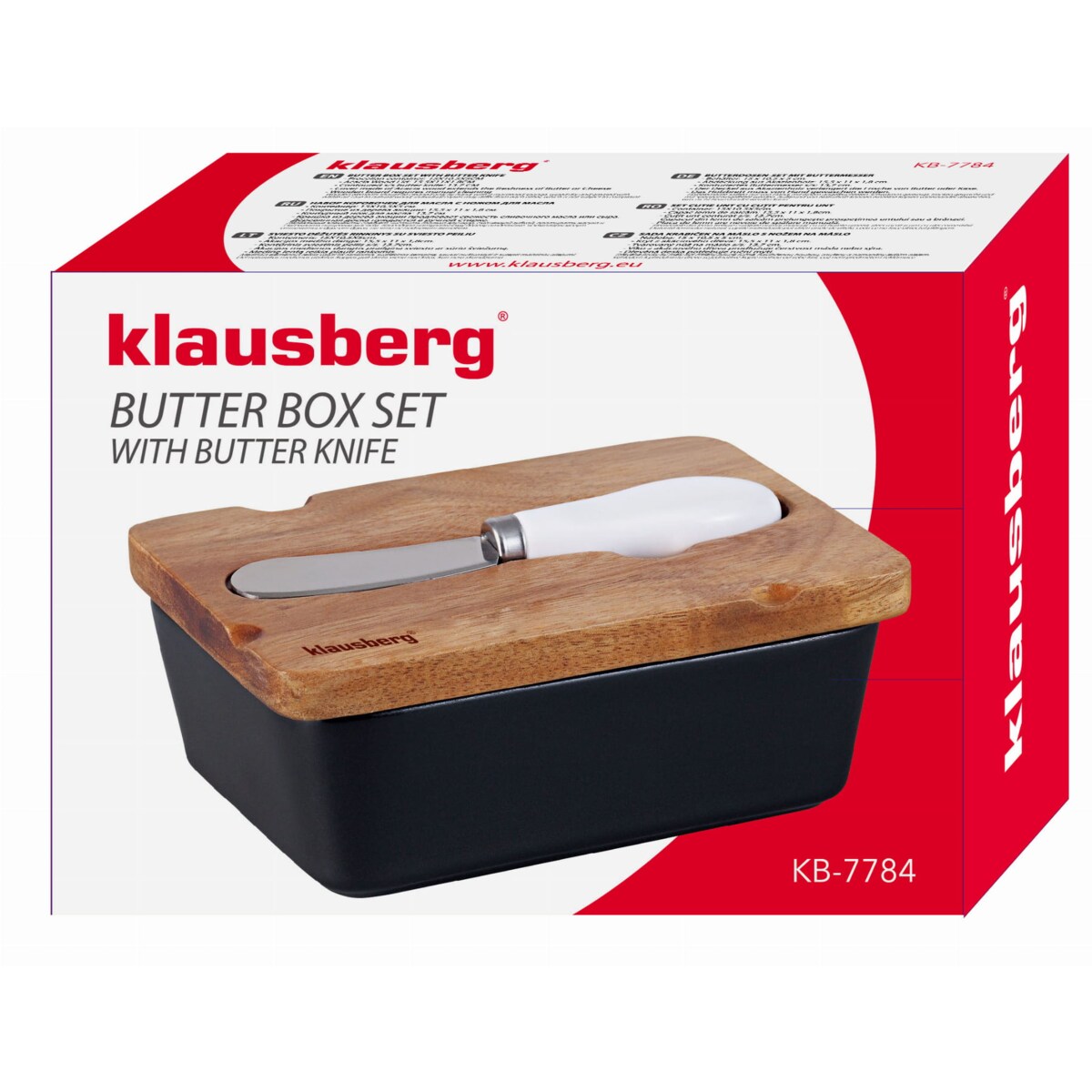 Porcelanowa maselniczka czarna maselnica z nożykiem do masła pokrywka akacjowa KLAUSBERG