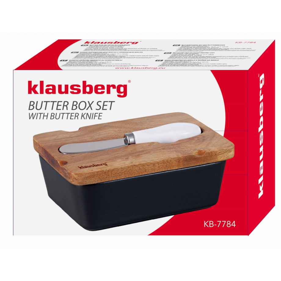 Porcelanowa maselniczka czarna maselnica z nożykiem do masła pokrywka akacjowa KLAUSBERG