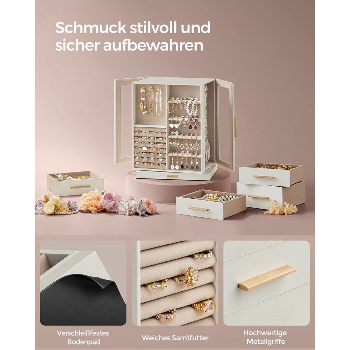Pudełko na biżuterię można obracać o 360° z 5 szufladami, Biały