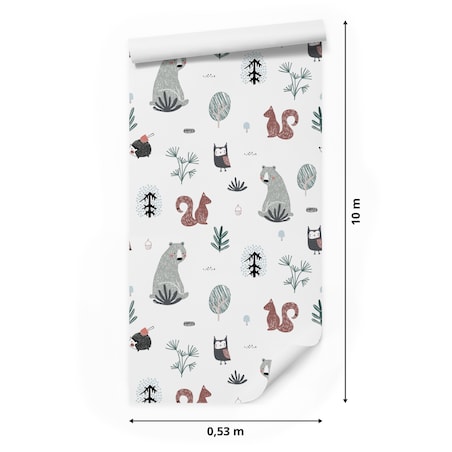 Tapeta Dziecięca MISIE Sowy Wiewiórki Jeże Drzewa