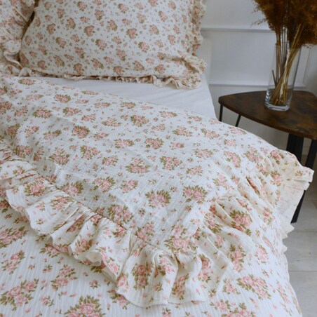 Pościel Muślinowa Z Falbanką Komplet Zestaw Do Sypialni Różowe Kwiatki Dziecięca 140X200 Cm + Poduszka 70X80 Cm