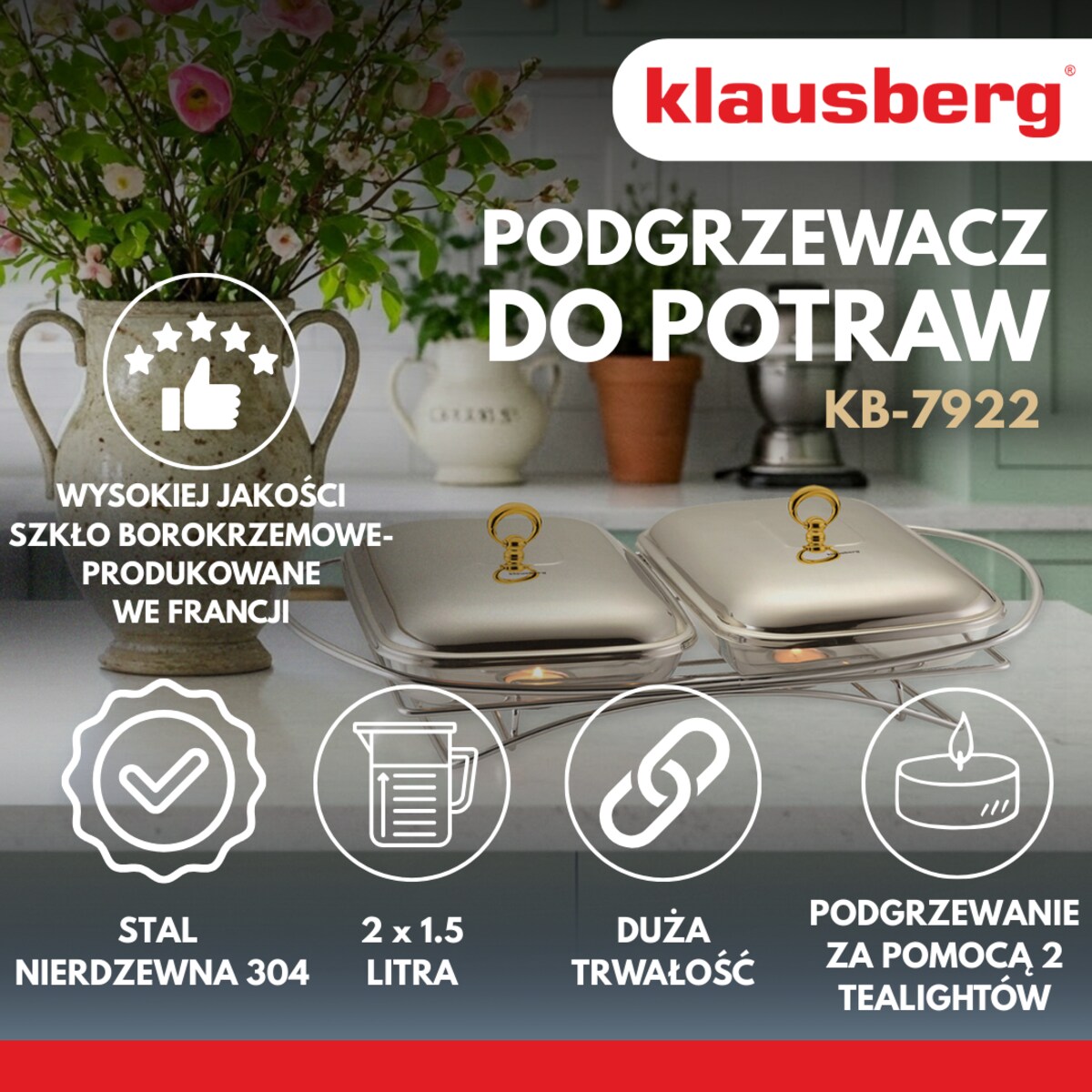 Podgrzewacz stołowy żaroodporny 2x1,5L KLAUSBERG