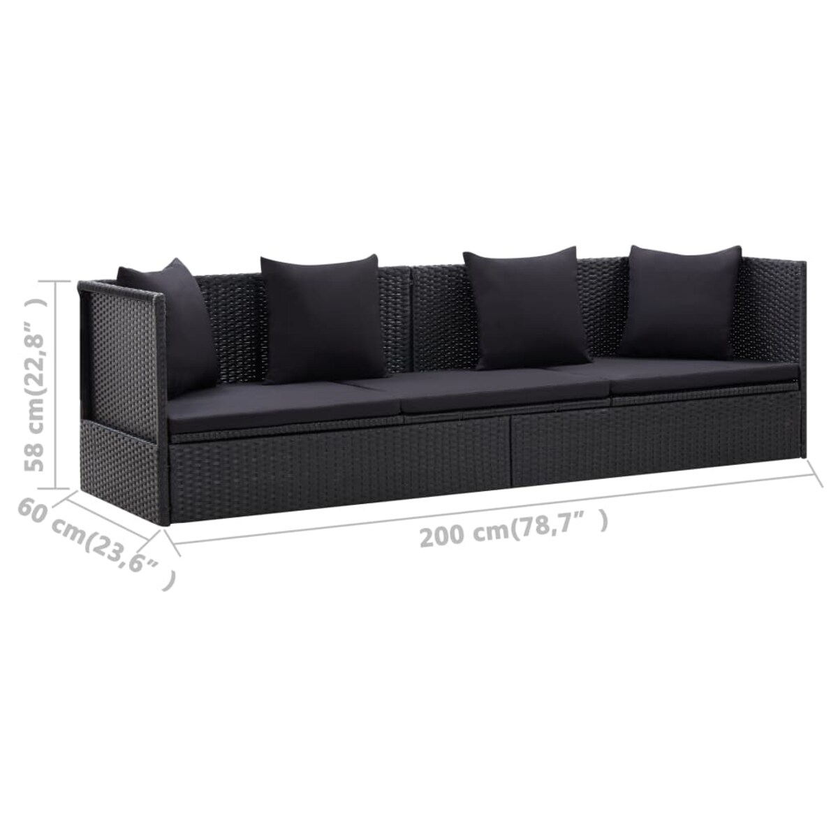vidaXL Sofa ogrodowa z poduszkami, polirattan, czarna