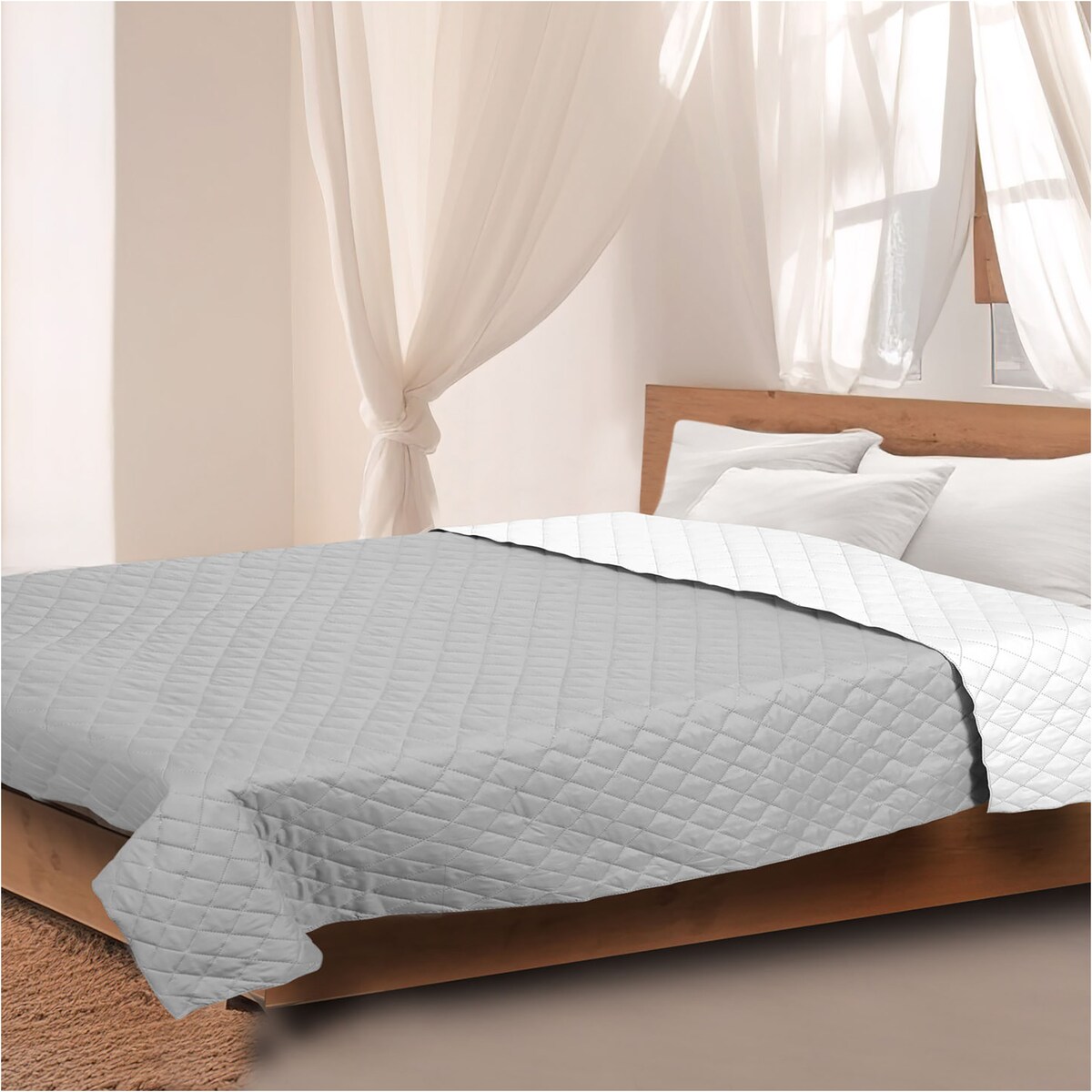 Narzuta Na Łóżko Kanapę Na Plażę Pikowana 200X220 Cm Szaro-Biała