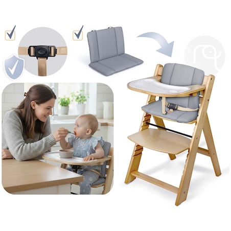 Drewniane krzesełko do karmienia Nukido tacka solidne regulowane pasy 703000