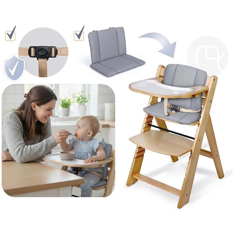 Drewniane krzesełko do karmienia Nukido tacka solidne regulowane pasy 703000