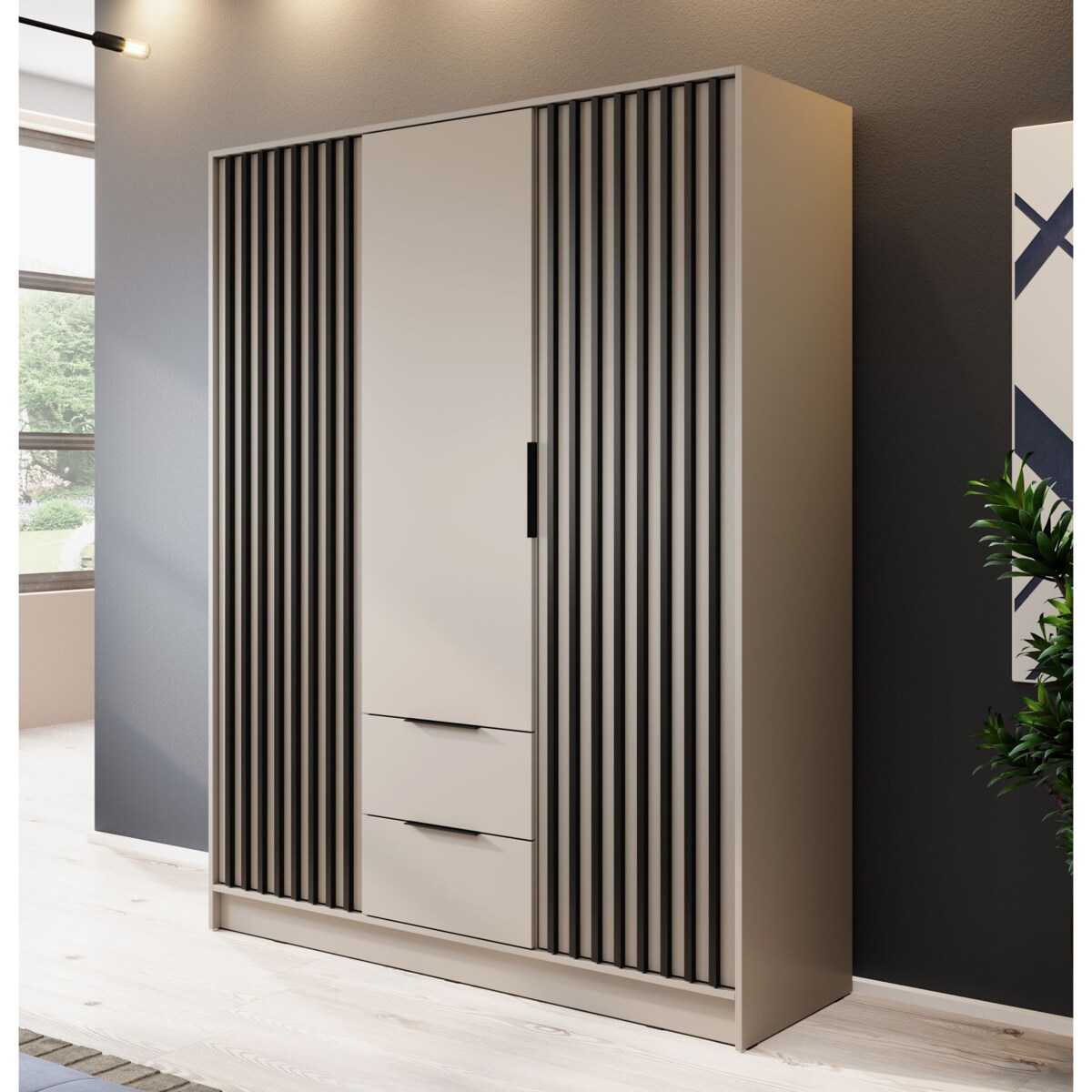 Szafa KELLY trzydrzwiowa z lamelami 155 cm - kaszmir