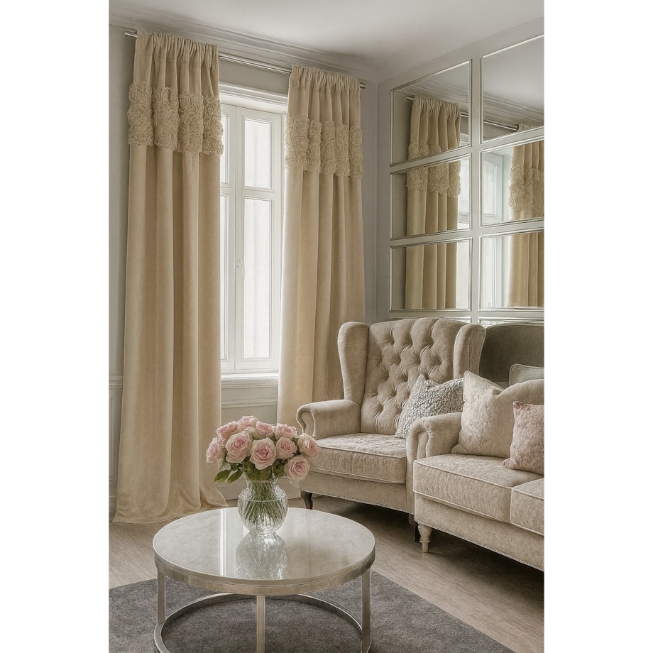 Zasłona welurowa "royal roses" z wyszywanymi różami 140x250 cm przelotka | jasny beż