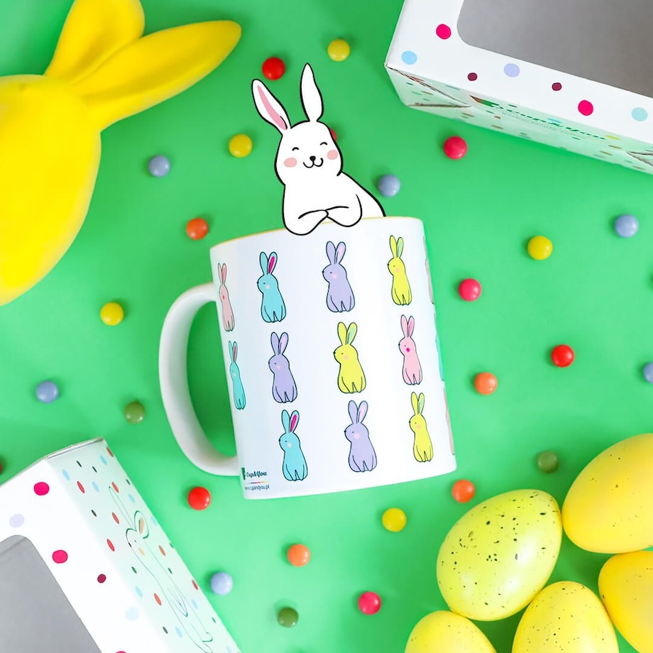 Ceramiczny kubek z uchwytem SUNNY BUNNIES do kawy herbaty czekolady 300ml - prezent upominek na Wielkanoc dla kobiety faceta babci dziadka mamy taty