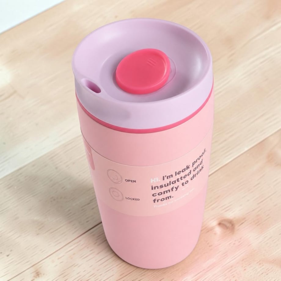 POJEMNY KUBEK TERMICZNY 340 ml TERMOS zamykany, jasnoróżowy CUP32