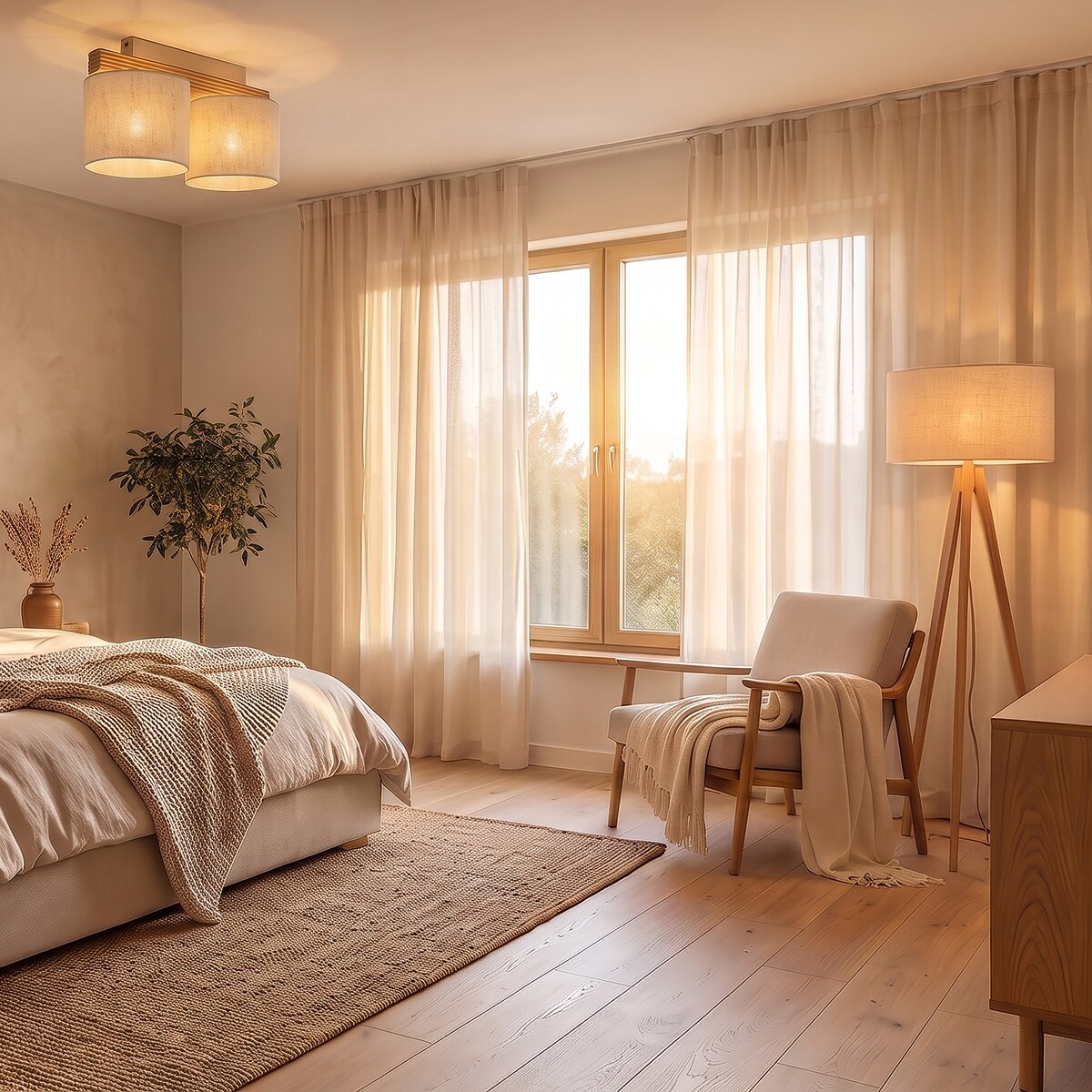 Lampa Podłogowa Drewniana Viga Shade Sosna Trójnóg Lniany Abażur
