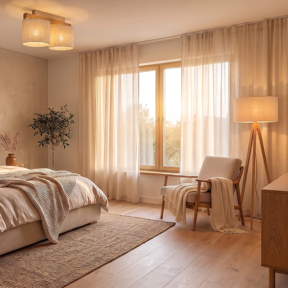 Lampa Podłogowa Drewniana Viga Shade Sosna Trójnóg Lniany Abażur