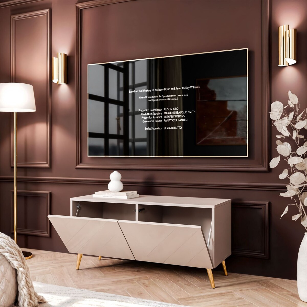 Szafka RTV COLGANTE 100 kaszmir wysoki połysk, oświetlenie LED, nóżki skośne złote