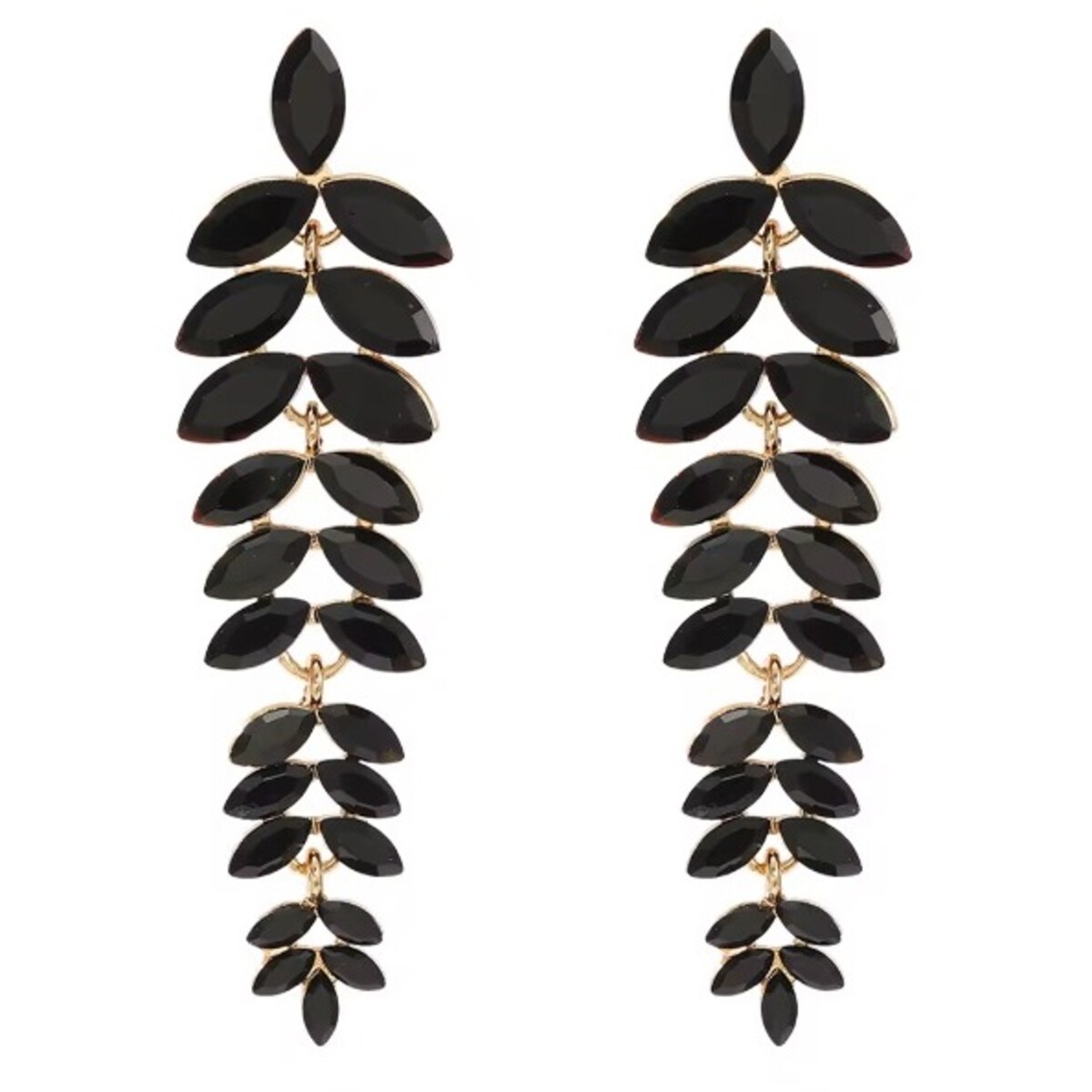 Kolczyki czarne listki długie z cyrkoniami w złotej oprawie