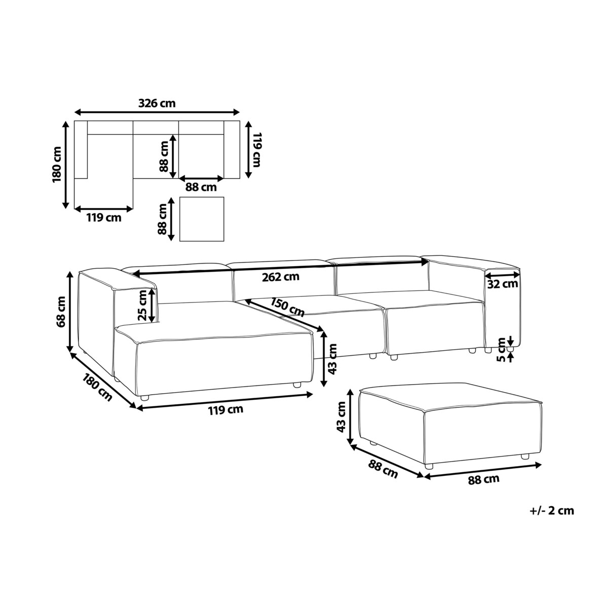 Narożnik modułowy 3-osobowy lniany prawostronny z otomaną beżowy APRICA