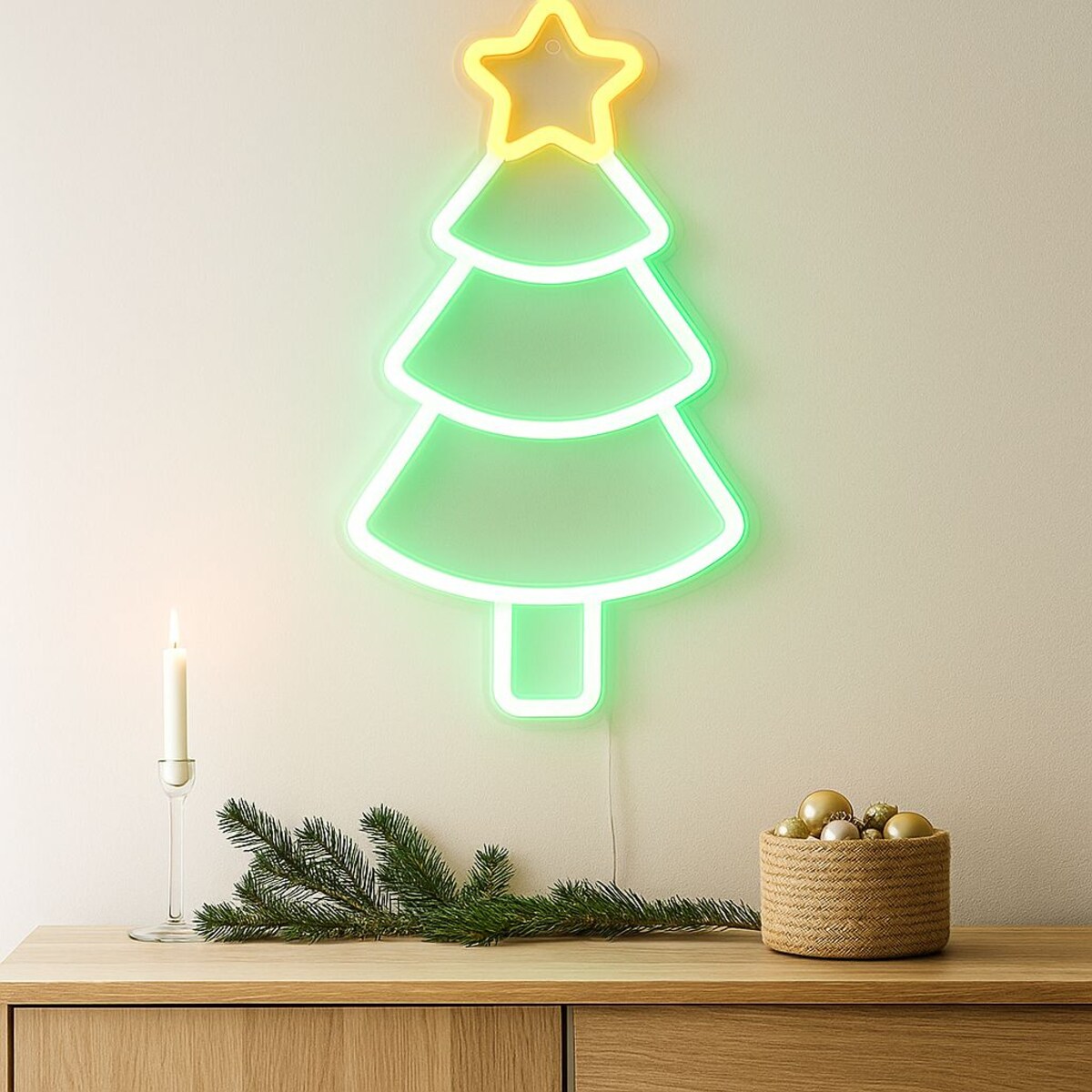 Świąteczny neon na ścianę, LED, 23 x 22 cm, na USB, kolor zielony, tworzywo sztuczne, motyw choinka