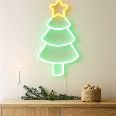 Świąteczny neon na ścianę, LED, 23 x 22 cm, na USB, kolor zielony, tworzywo sztuczne, motyw choinka
