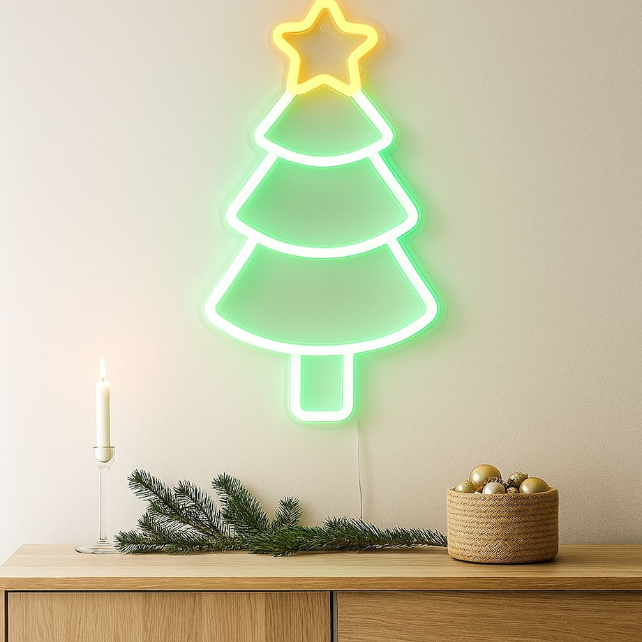 Świąteczny neon na ścianę, LED, 23 x 22 cm, na USB, kolor zielony, tworzywo sztuczne, motyw choinka