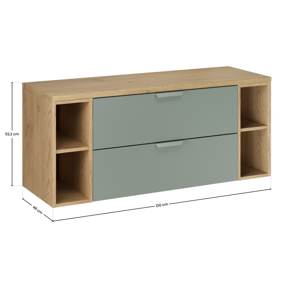 ASTER 120 cm zielona wisząca szafka pod umywalkę z dwiema nadstawkami i dębowym blatem
