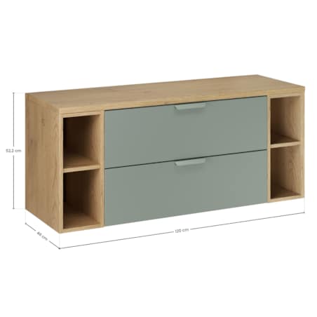 ASTER 120 cm zielona wisząca szafka pod umywalkę z dwiema nadstawkami i dębowym blatem