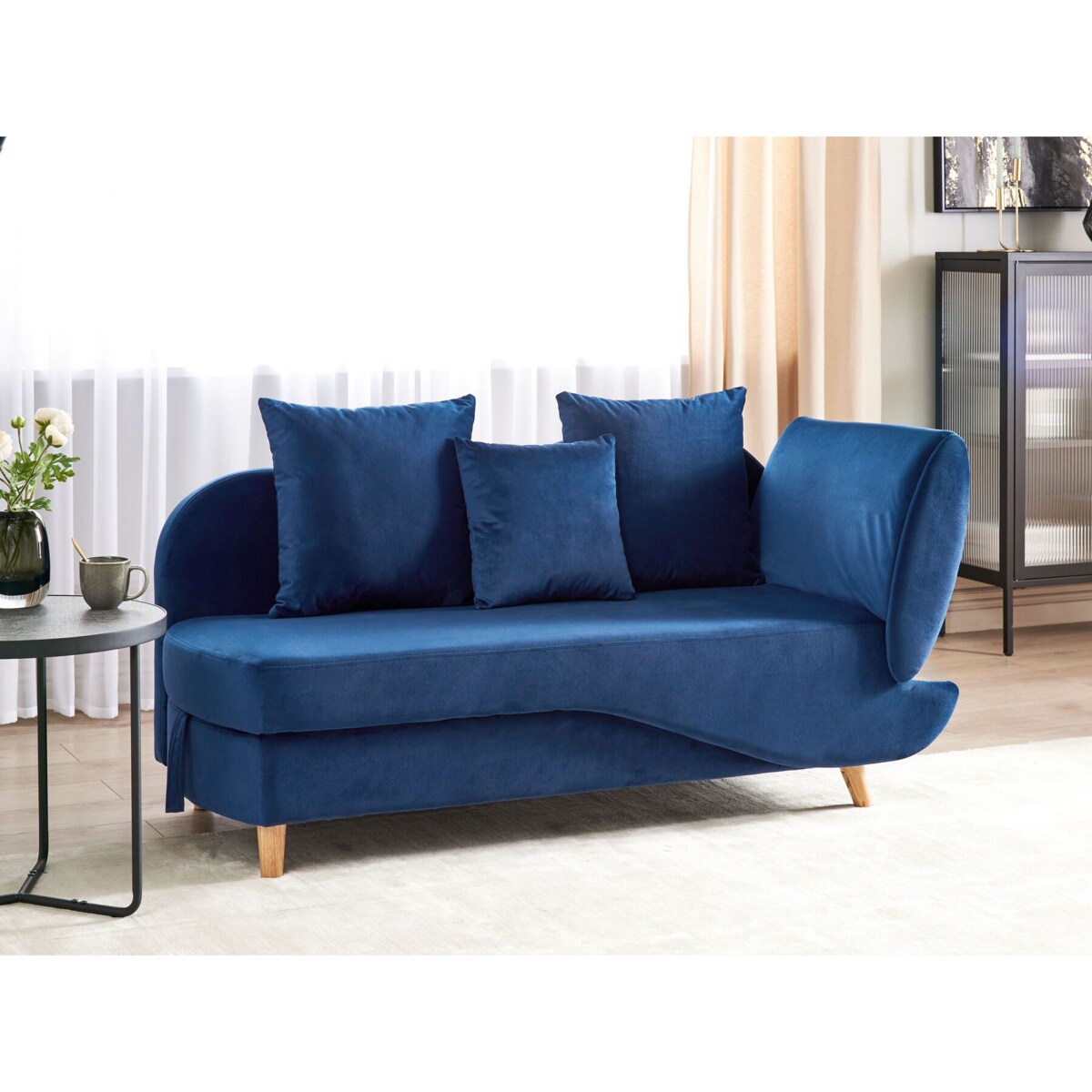 Szezlong welurowy z pojemnikiem prawostronny niebieski MERI II