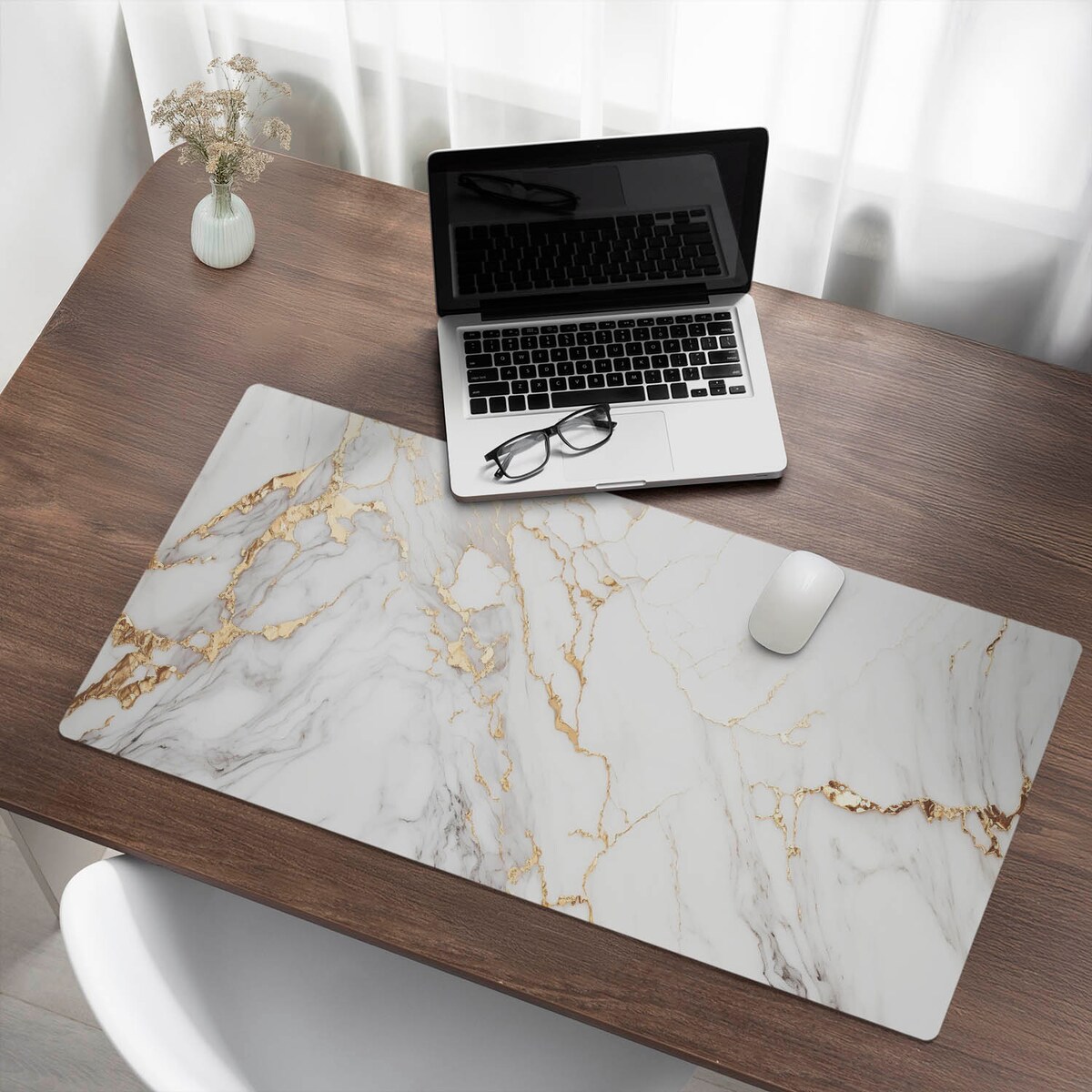 Biała mata na biurko Marmurowe żyłki, 100x50 cm