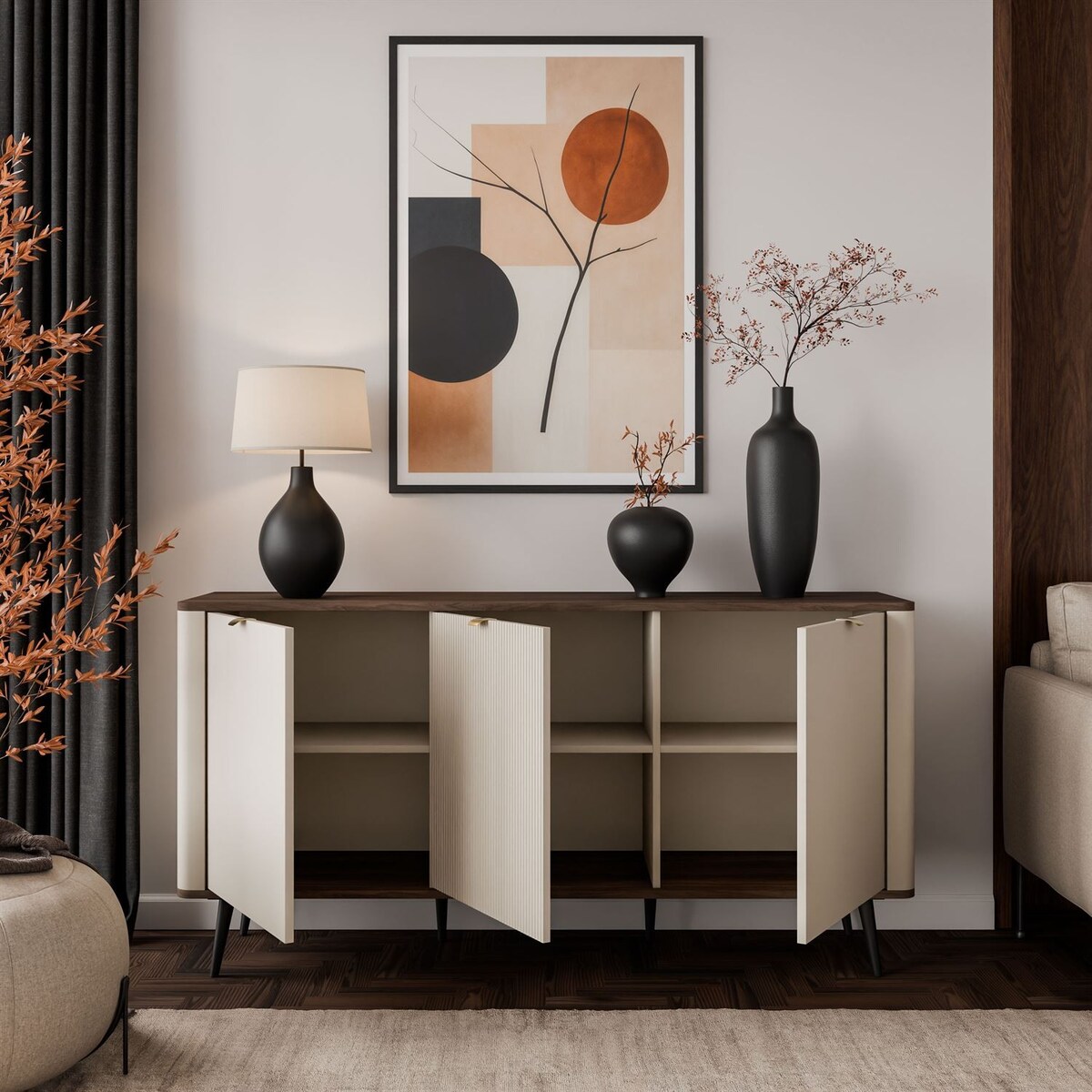 Komoda do sypialni AUTUMN 3D z ryflowanym frontem, kaszmir / orzech