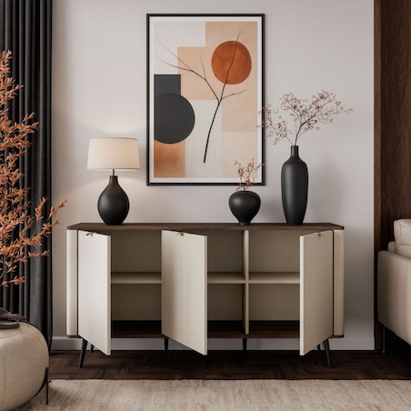 Komoda do sypialni AUTUMN 3D z ryflowanym frontem, kaszmir / orzech